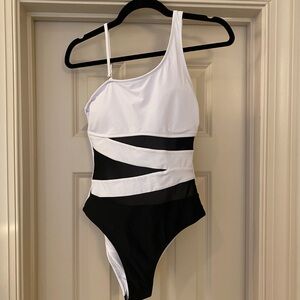 Asymmetric One-Shoulder Black & White One-Piece Swimsuit